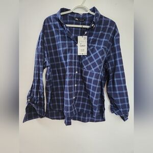 NWT Zara Blue Plaid Button-Up Shirt, Size S